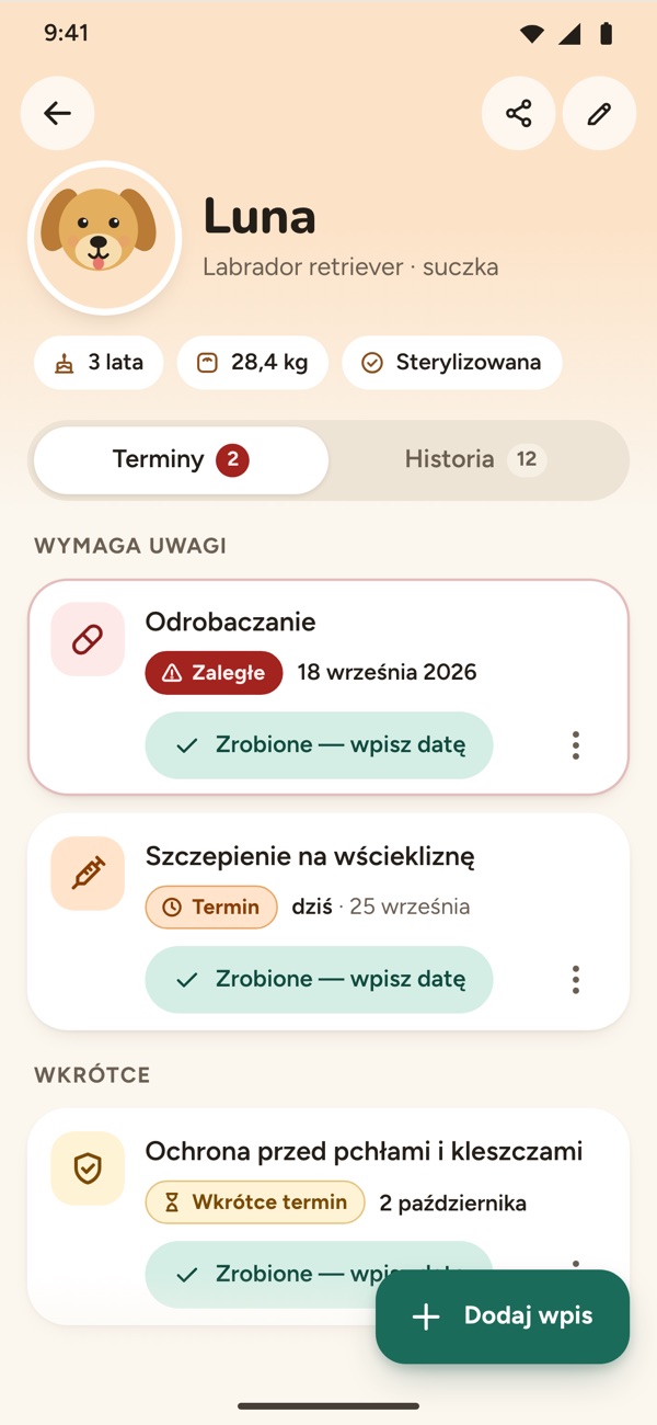 A dog's page in VetDue with deworming and rabies vaccination dates
